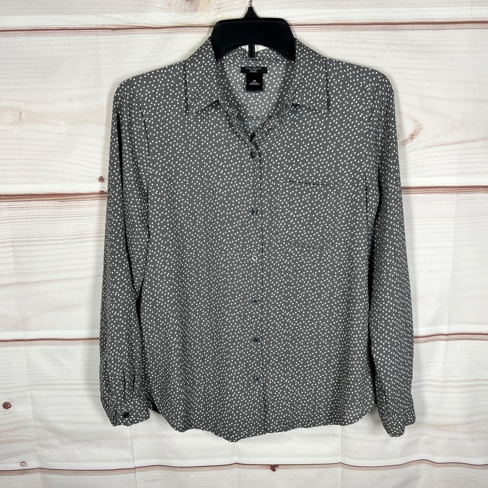 Ann Taylor Top Womens PS Gray Polk Dot Shirt Button Up Long Sleeve Woven Pocket